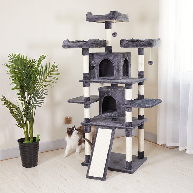 Manufacturer Wholesale Grey Large Multi-level Cat Trees & Scratcher with Hammock Luxury Wooden Scratcher Tower Cat Tree House