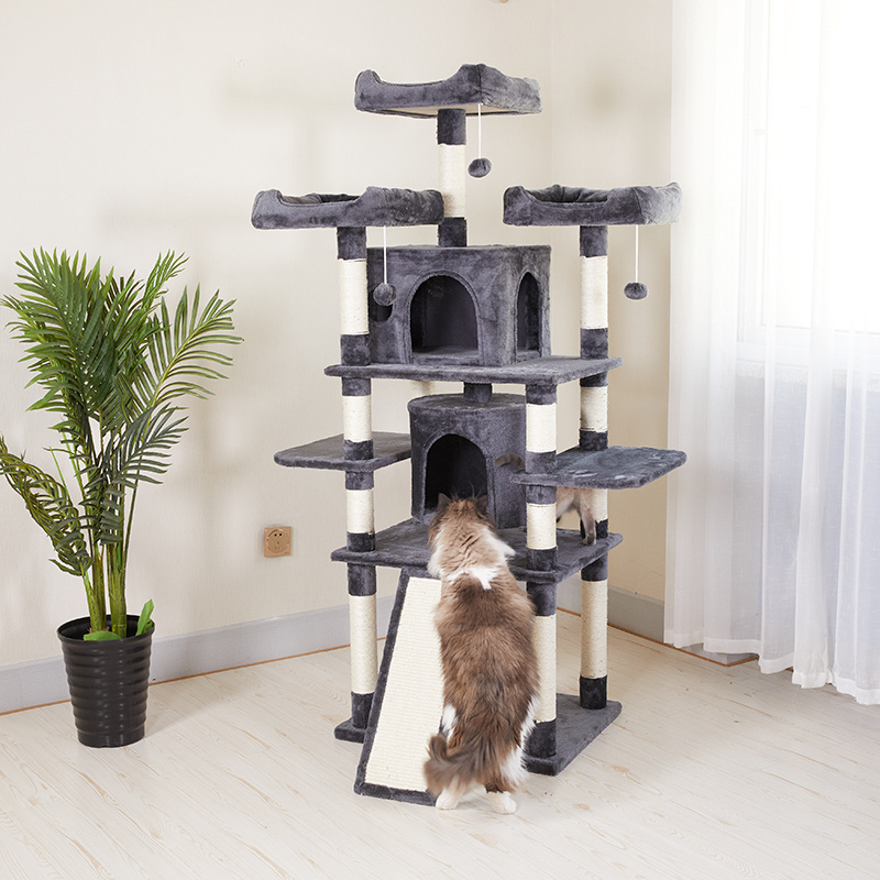 Manufacturer Wholesale Grey Large Multi-level Cat Trees & Scratcher with Hammock Luxury Wooden Scratcher Tower Cat Tree House