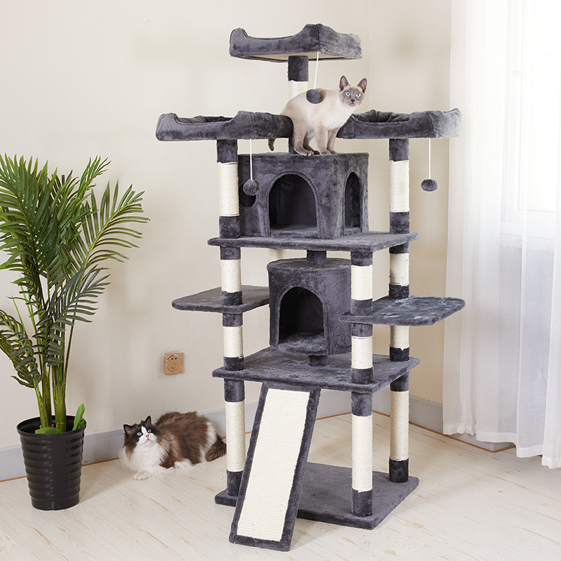 Manufacturer Wholesale Grey Large Multi-level Cat Trees & Scratcher with Hammock Luxury Wooden Scratcher Tower Cat Tree House