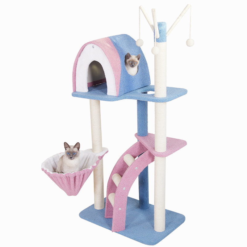 Factory Top Seller High Quality Indoor Large Wood Cat Tree House Furniture Modern Cat Ceiling Tree Tower with Rest Hammock