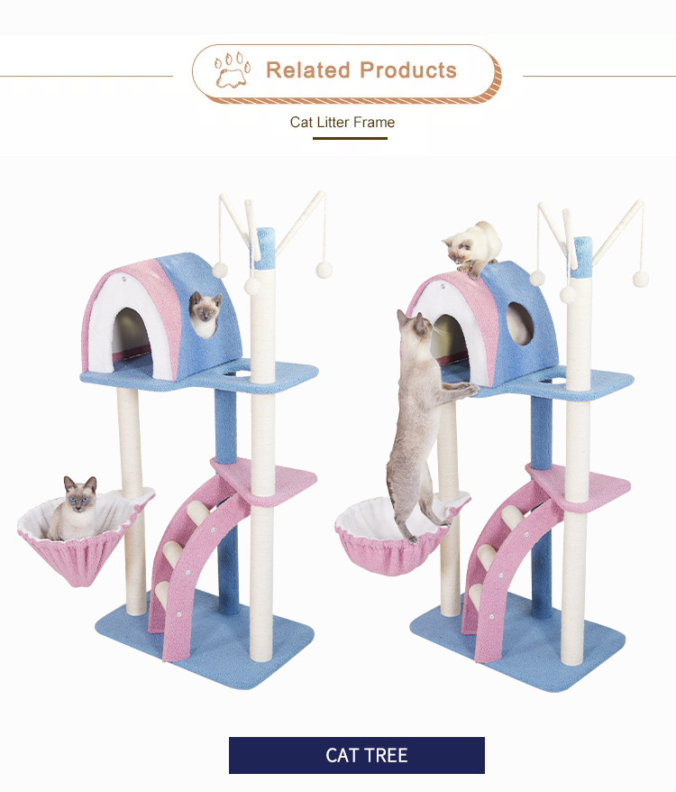 Factory Top Seller High Quality Indoor Large Wood Cat Tree House Furniture Modern Cat Ceiling Tree Tower with Rest Hammock