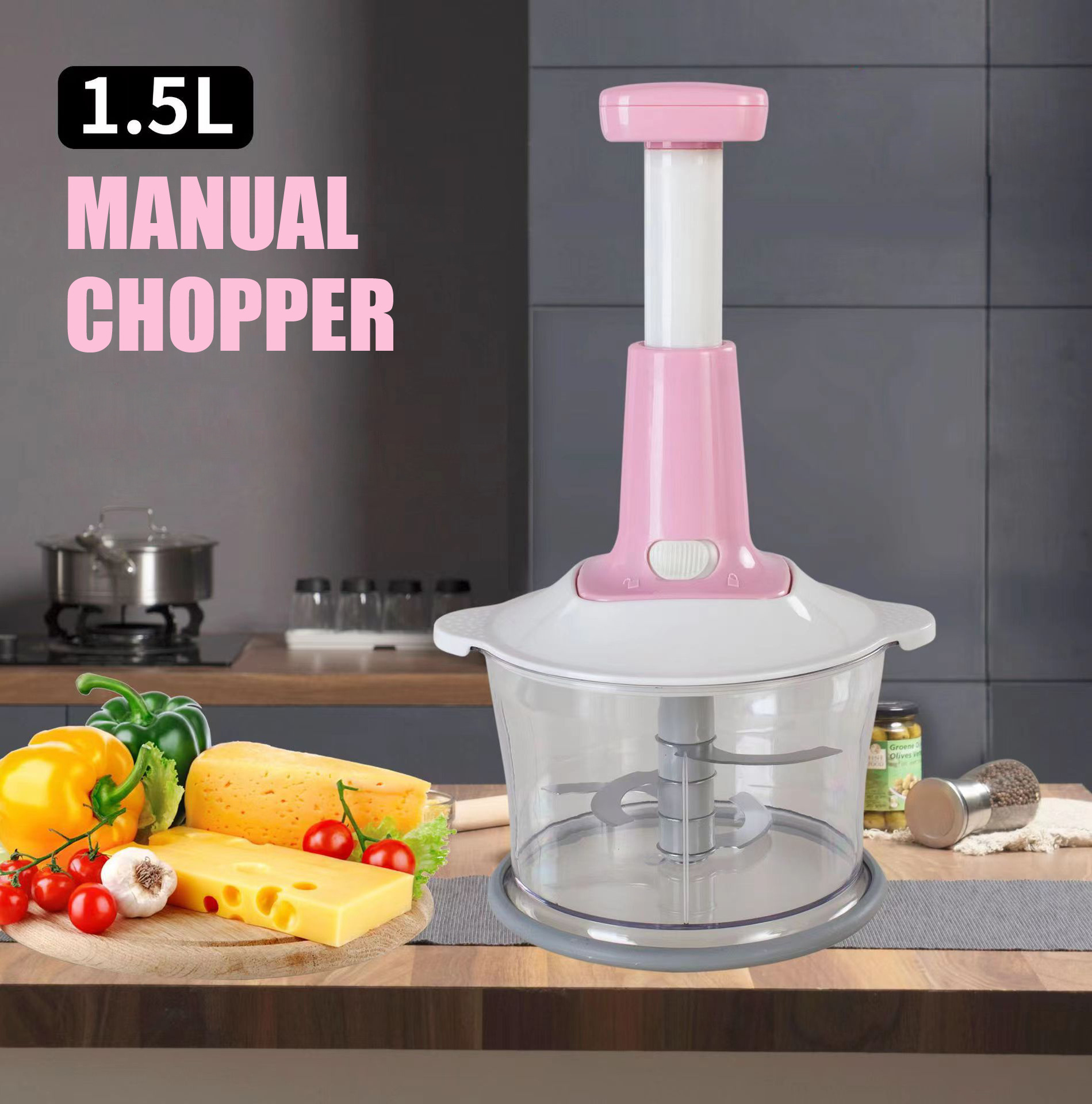 1.5L Hand Press Onions Garlic Pepper Cutter Meet Fruits Vegetables Slicer Chopper Mini Food Processor Manual Chopper