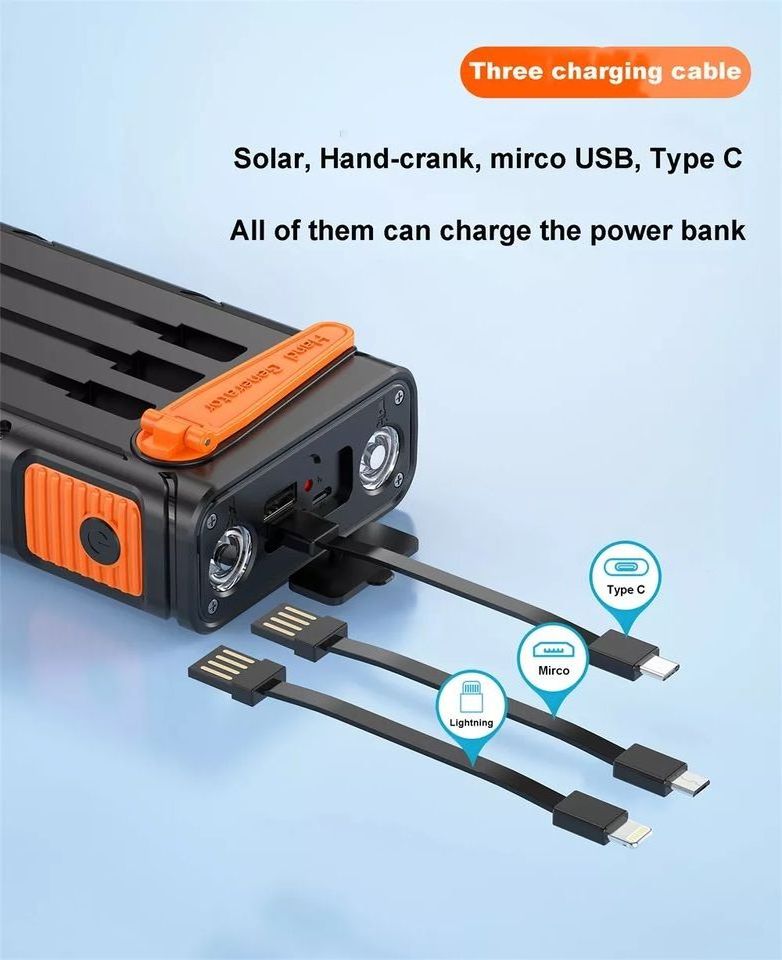 Outdoor Emergency 2 Usb Hand-Crank Power Generator  PD22.5W Solar Charger 3 In 1 Built In Cable Solar Hand Crank Power Bank 3000