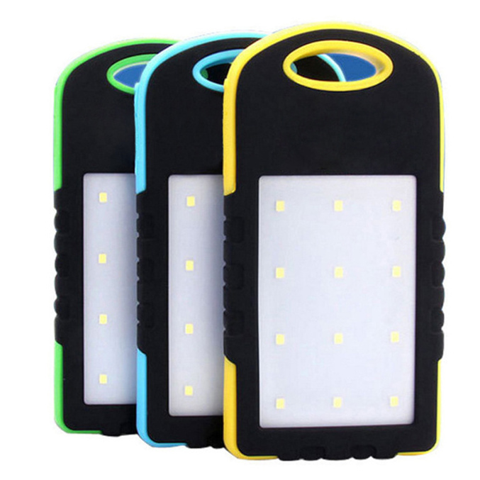 Free sample OEM self owned brand solar battery pack 5000mAh solar charger power pack with LED lamp common for mobile phones