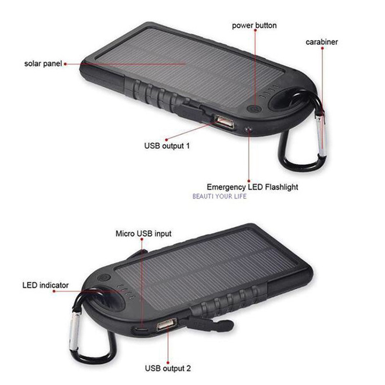 Free sample OEM self owned brand solar battery pack 5000mAh solar charger power pack with LED lamp common for mobile phones