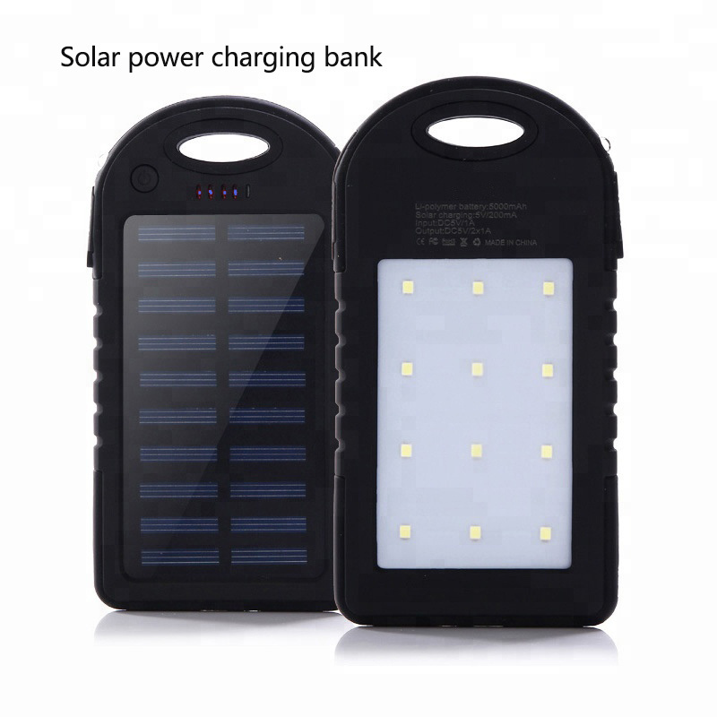 Free sample OEM self owned brand solar battery pack 5000mAh solar charger power pack with LED lamp common for mobile phones