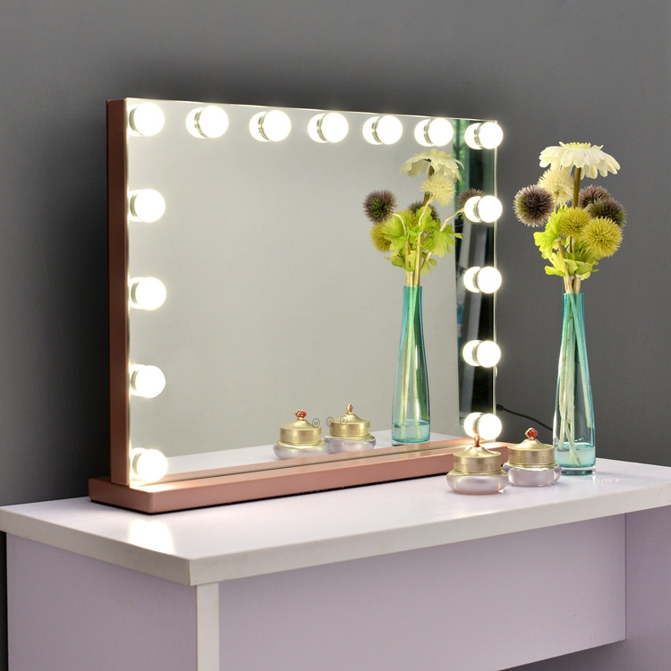 Hotel Frameless Private Label Bulbs Large Desktop Silver Hollywood Vanity Lighted Mirror With Led Light