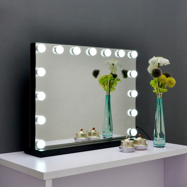 Hotel Frameless Private Label Bulbs Large Desktop Silver Hollywood Vanity Lighted Mirror With Led Light