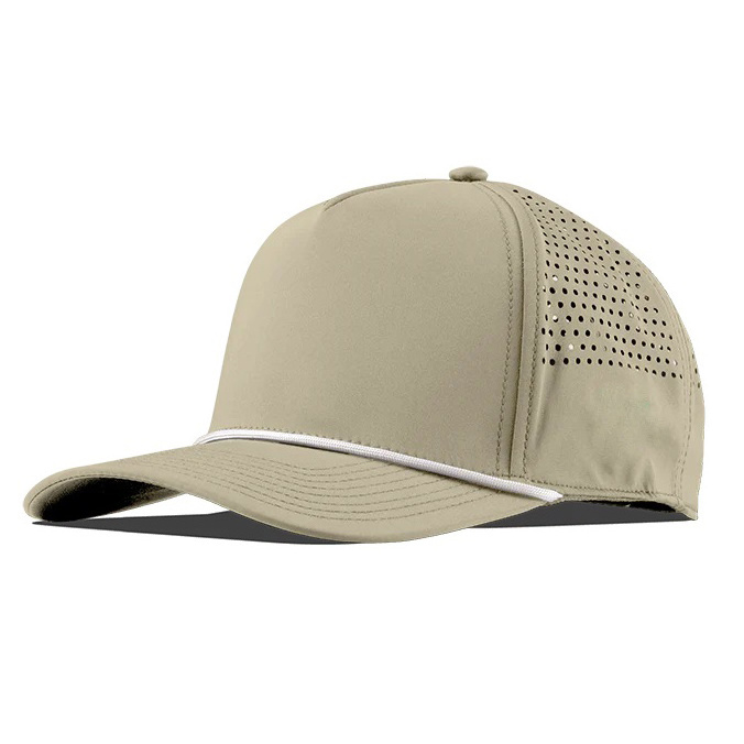 Rubber patch Custom logo gorras quick dry waterproof adult laser cut perforated sports baseball cap rope 5 panel golf hat