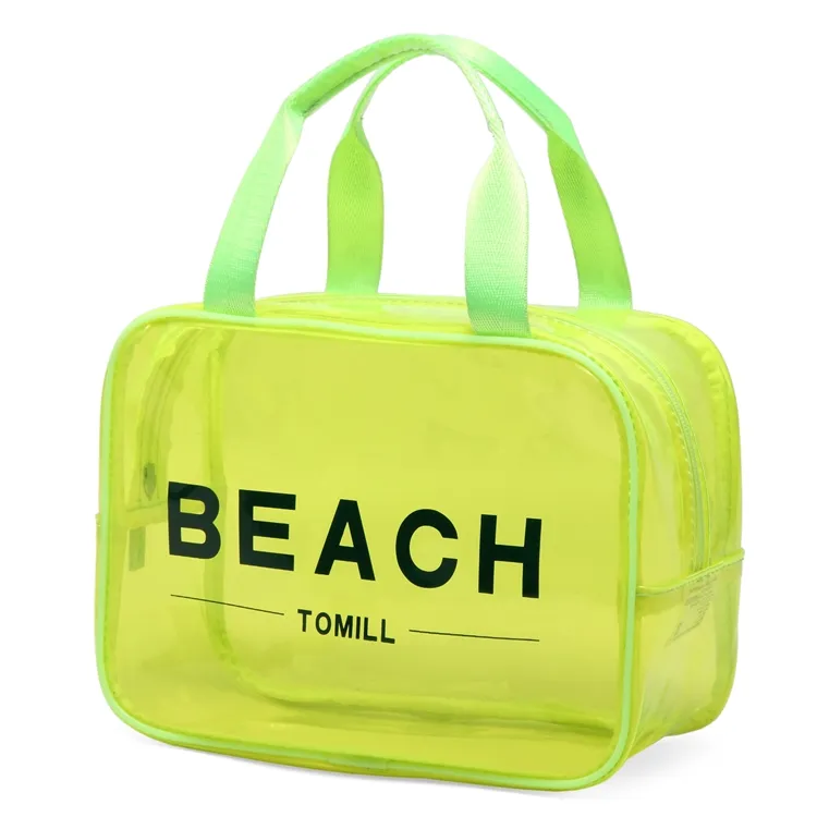 Fashion Women Custom Printed Plastic Transparent Swimming Shopping Waterproof Summer Travel Zip PVC Tote Neon Large Beach Bag