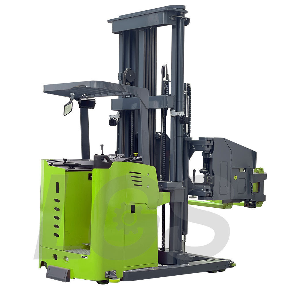 3m-10m height battery operated electric 1.6t 3 way pallet stacker with rotating fork