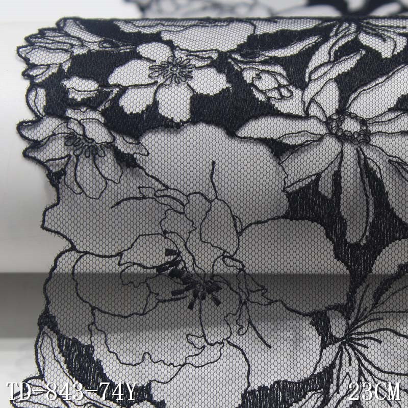 Wholesale Black Tulle Flower Embroidery Lace Trim 23cm Border Polyester Lace Fabric for Sexy Lingerie Accessories