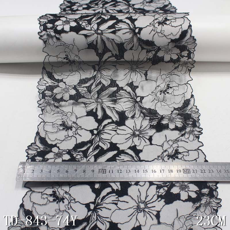 Wholesale Black Tulle Flower Embroidery Lace Trim 23cm Border Polyester Lace Fabric for Sexy Lingerie Accessories