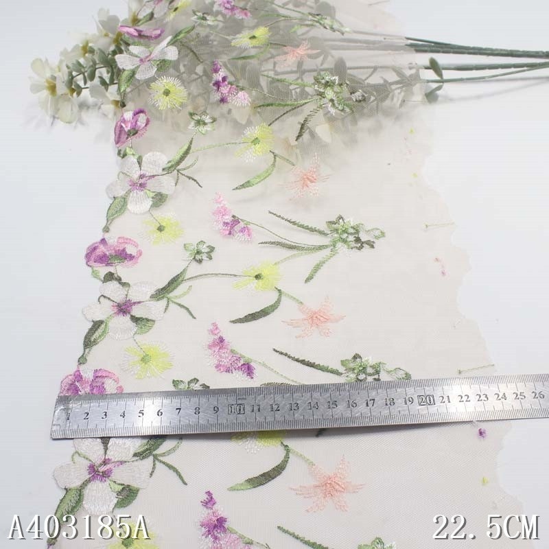 China Custom 23cm Embroidered Light Pink Tulle Lace Trim Colorful Flower Embroidery Net Lace Fabric