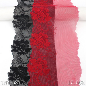 Big Floral Design 18cm Black Red Mesh Flower Embroidery Lace Trim Polyester Fabric for Ladies