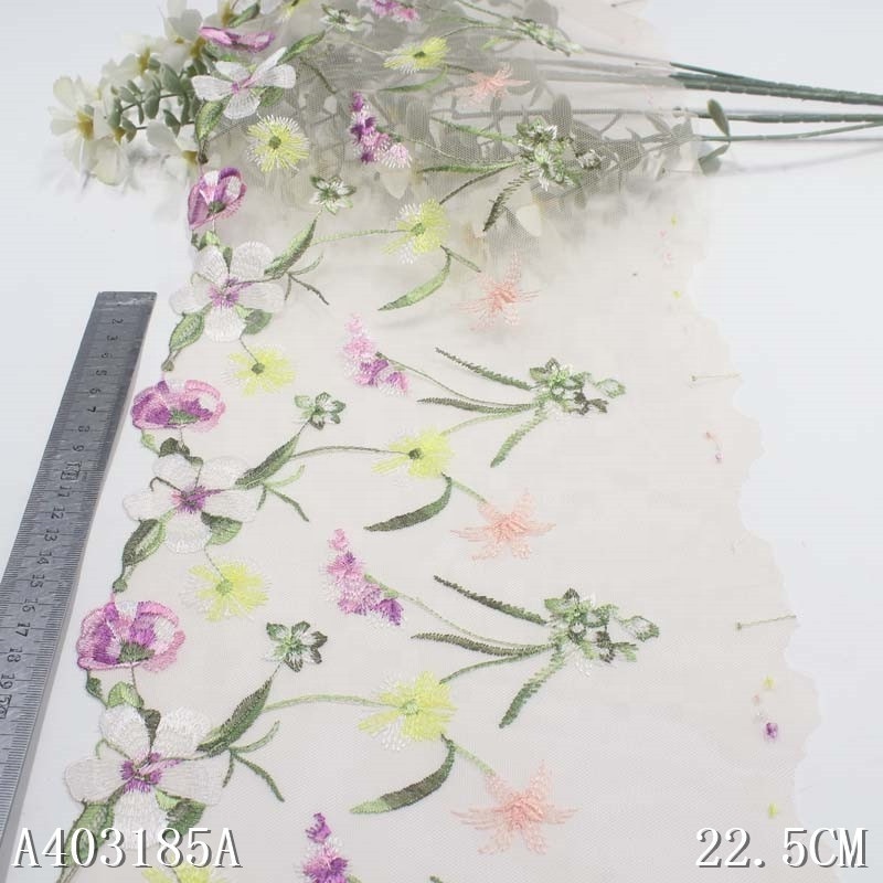 China Custom 23cm Embroidered Light Pink Tulle Lace Trim Colorful Flower Embroidery Net Lace Fabric