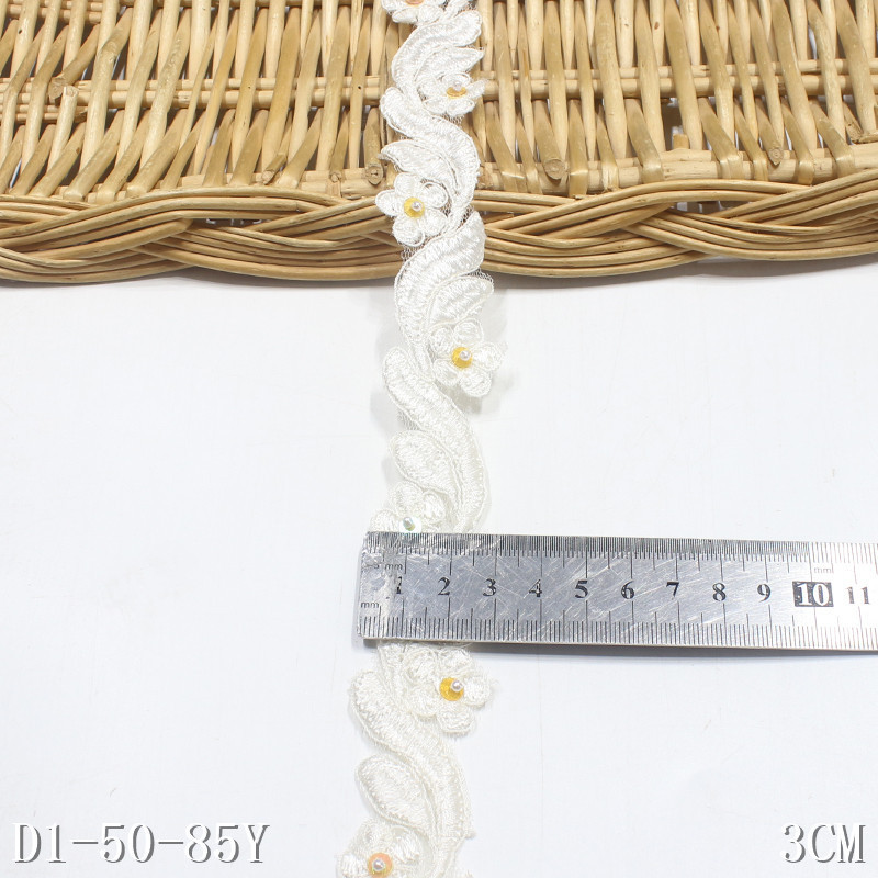 White Guipure Lace with Beads for Bridal Wedding Dress 3cm Flower Embroidery Chemical Lace Polyester Fabric