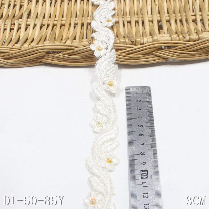 White Guipure Lace with Beads for Bridal Wedding Dress 3cm Flower Embroidery Chemical Lace Polyester Fabric