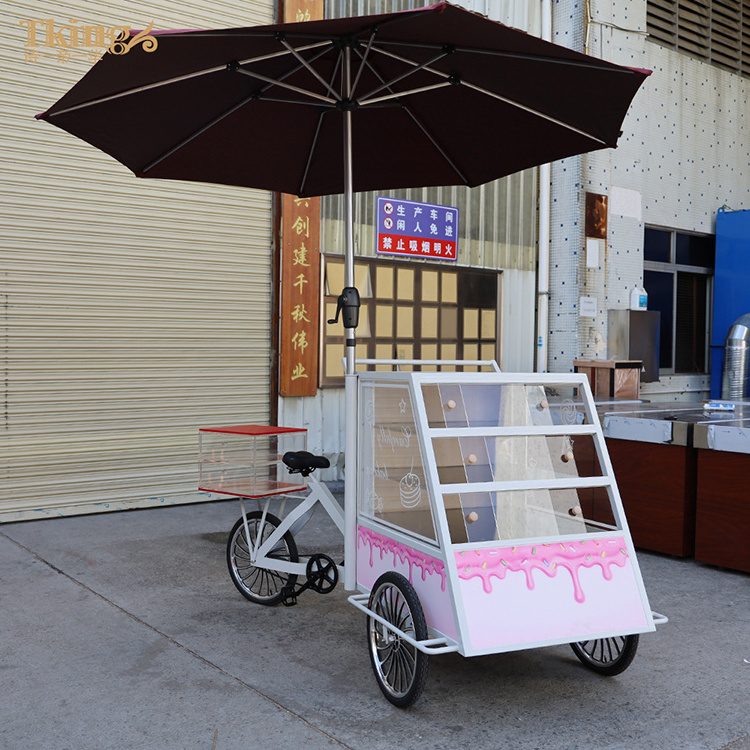 New design outdoor candy snack bicycle acrylic cabinet stainless steel mobile food display cart