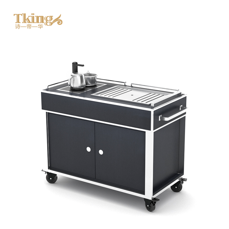 China supplier Tking stainless steel frame wood panel flambe trolley cooking trolley