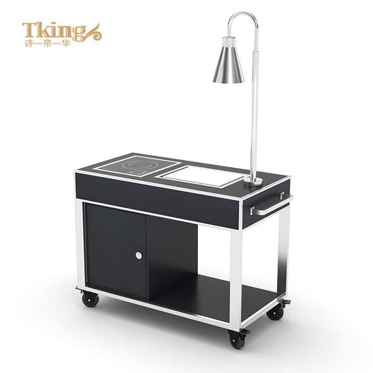 China supplier Tking stainless steel frame wood panel flambe trolley cooking trolley