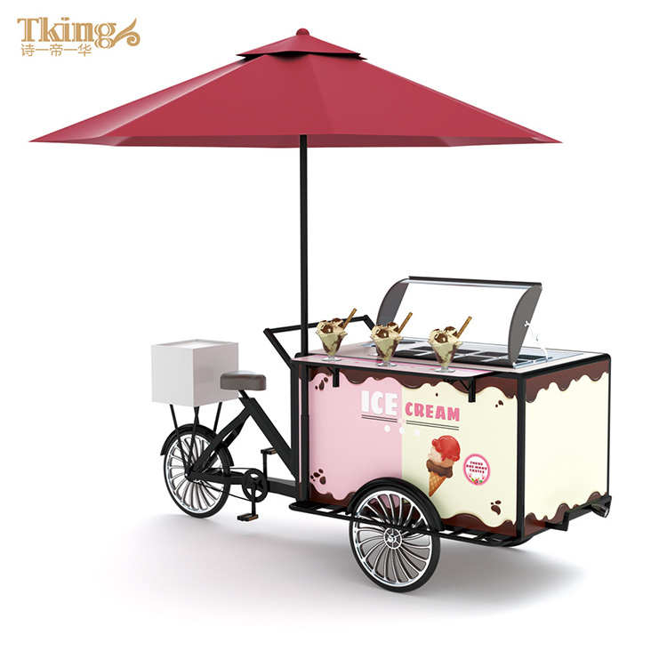 TKING Stainless steel Ice Cream Cart Bicycle New Design  Outdoor Street Hotel Tricycle Food Mobile Truck Ice Cream Cart