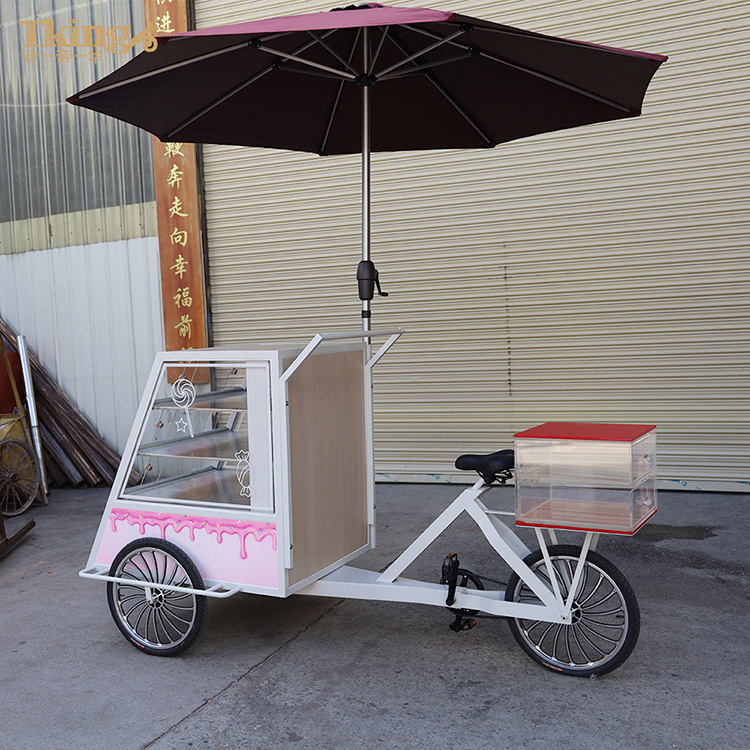 New design outdoor candy snack bicycle acrylic cabinet stainless steel mobile food display cart