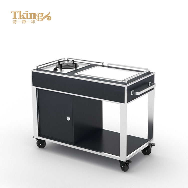 China supplier Tking stainless steel frame wood panel flambe trolley cooking trolley