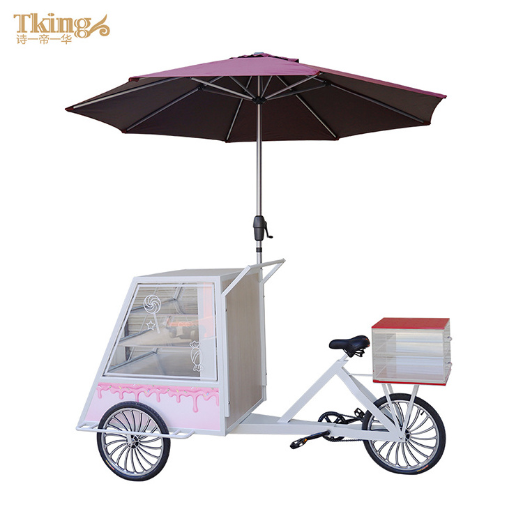 New design outdoor candy snack bicycle acrylic cabinet stainless steel mobile food display cart