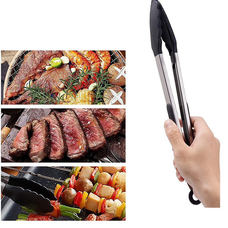 anti slip stainless steel handle black locking kitchen tongs silicone food tongs