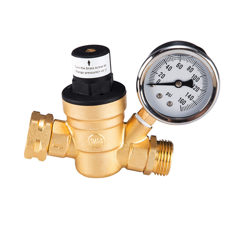 Water Pressure Regulator Valve, RV Brass Water Pressure Regulator with Gauge and Inlet Screened Filter for Camper Trailer