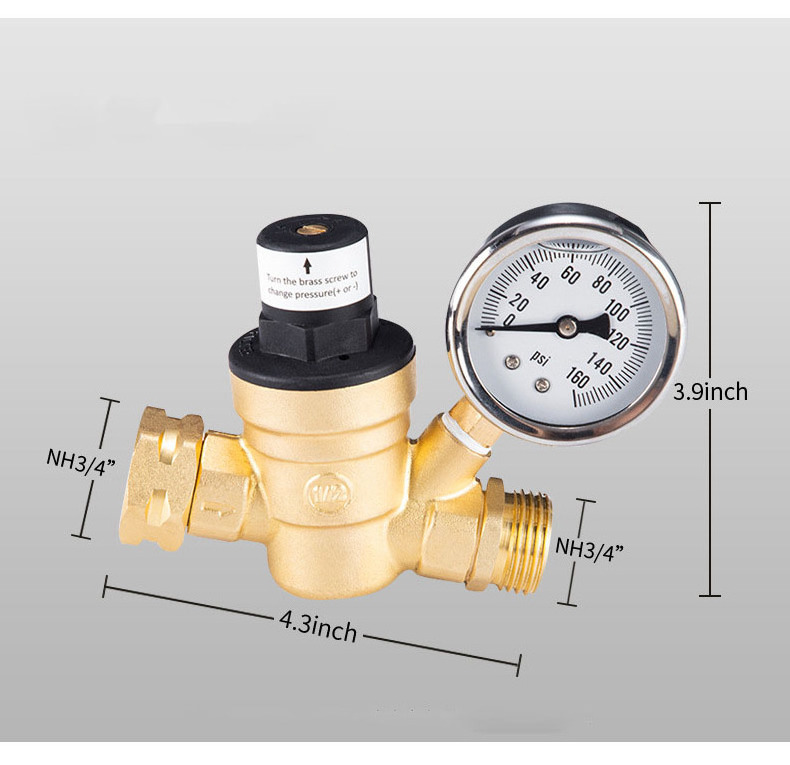 Water Pressure Regulator Valve, RV Brass Water Pressure Regulator with Gauge and Inlet Screened Filter for Camper Trailer