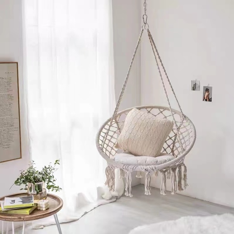 YASN Modern Cotton Rope Hanging Swing Chair Hammock Foldable Indoor/Outdoor Furniture with Cushion for Garden or Bedroom Use