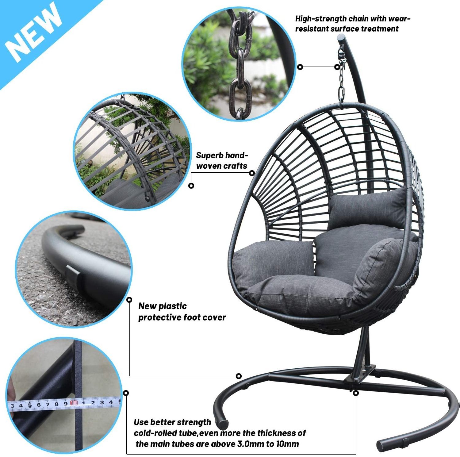 YASN HWQQ007 Customized Logo Gray Modern Patio Outdoor Garden Rattan Hanging Swing Chair With Stand For Adult