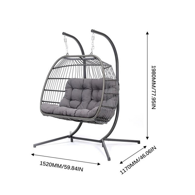 YASN Modern Double Egg Rattan Swing Chair Foldable Patio Wicker Hanging Chair with Rope and Metal for Outdoor and Garden Use