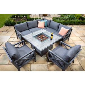 YASN Aluminum Garden Furniture Set Outdoor Square Dining Set with Gas Fire Pit Table