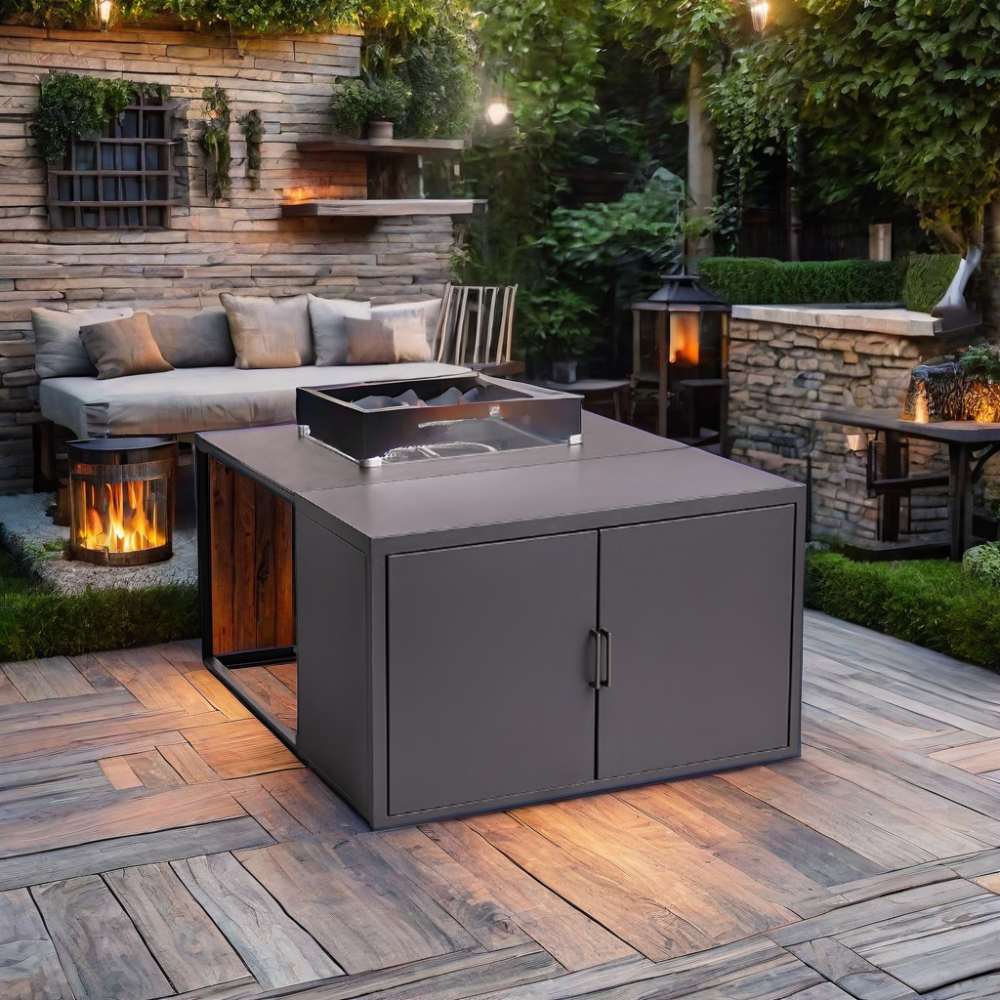 YASN Modern Style Outdoor Fire Pit Table 50000 BTU Propane Gas Fire Pit with Locker Garden Patio Stylish Glass Steel Furniture