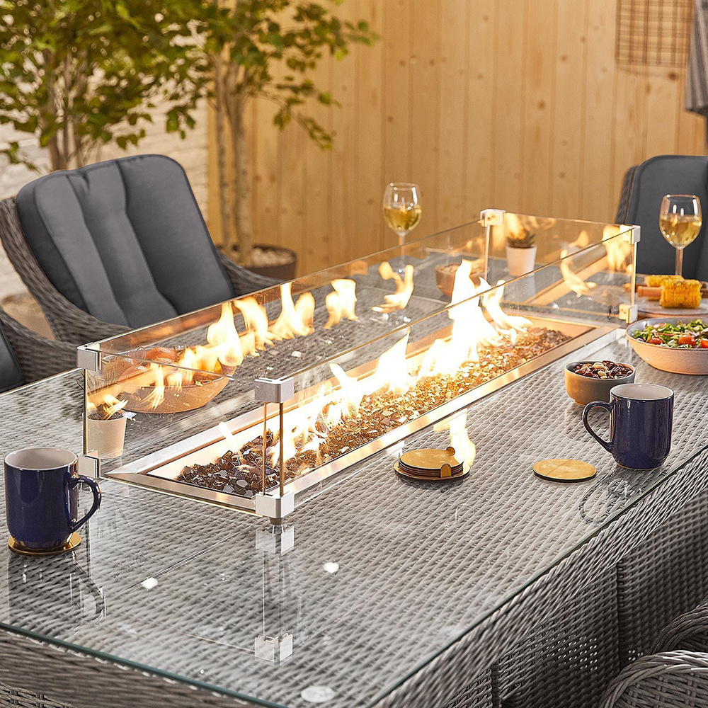 YASN 8 Seat Garden Furniture Outdoor Rattan Dining Table Set with Rectangular Firepit Table