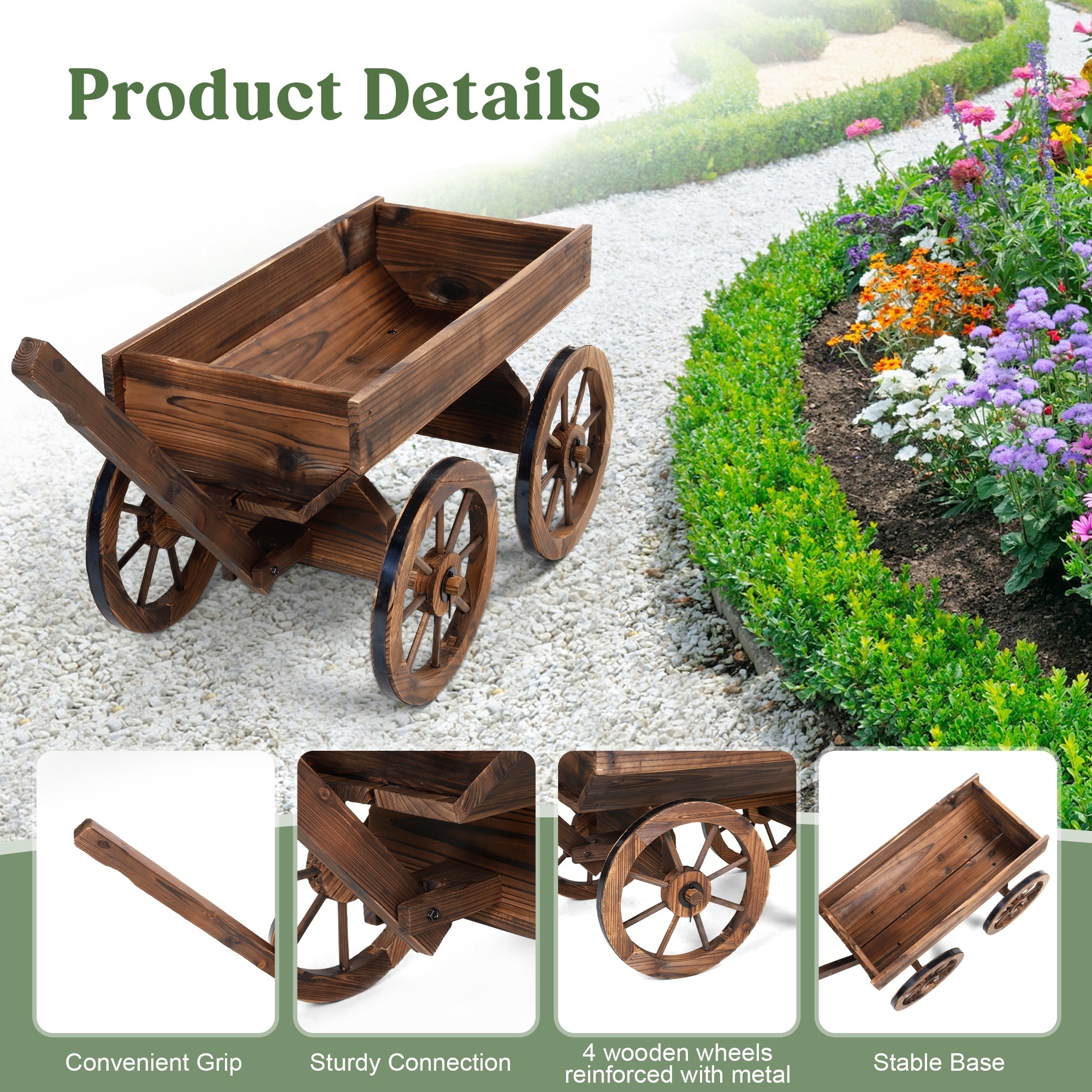 Wood Wagon Planter for Outdoor Balcony Decor - Garden Rustic Wooden Flower Cart with Wheels for Outside Garden Decor Wheelbarrow