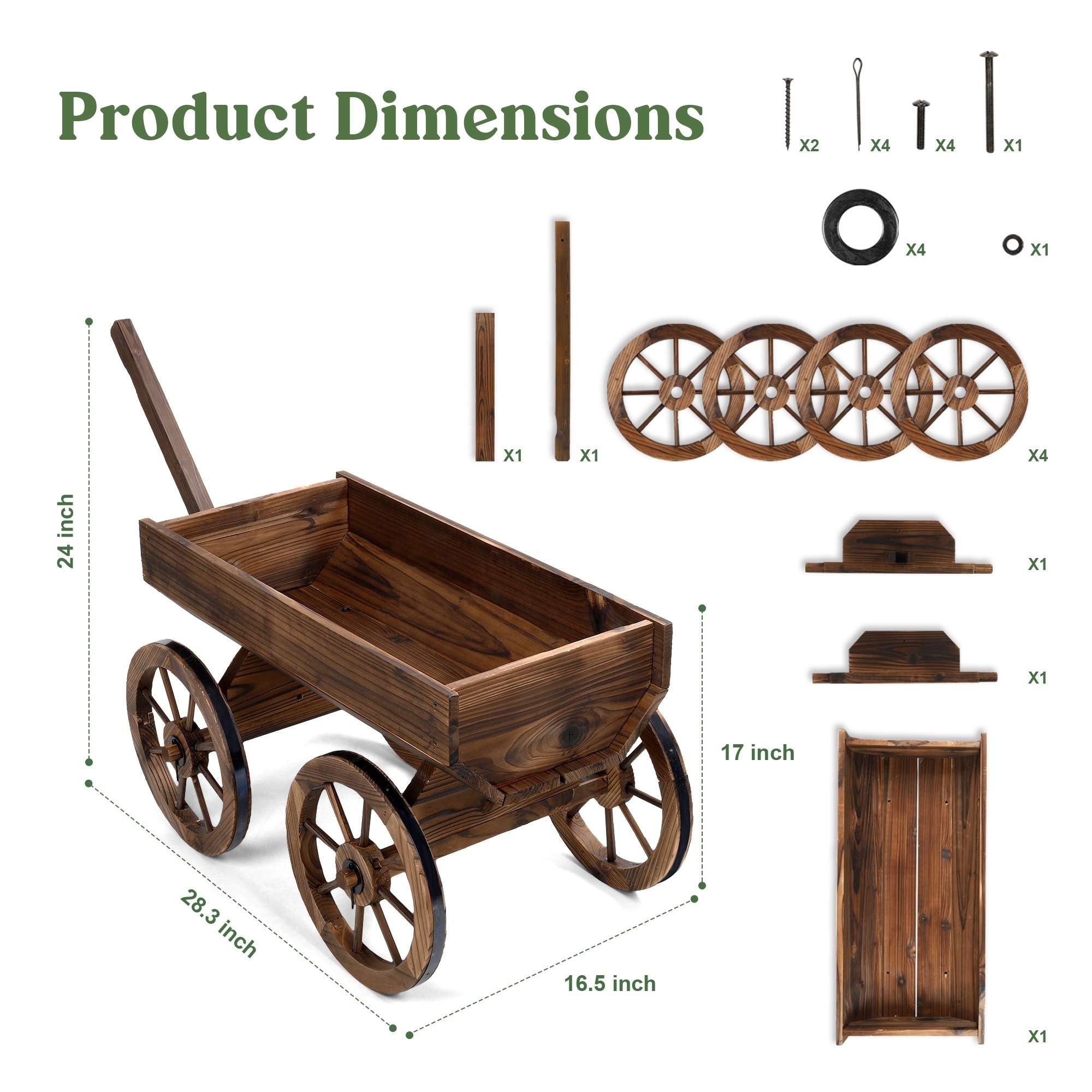 Wood Wagon Planter for Outdoor Balcony Decor - Garden Rustic Wooden Flower Cart with Wheels for Outside Garden Decor Wheelbarrow