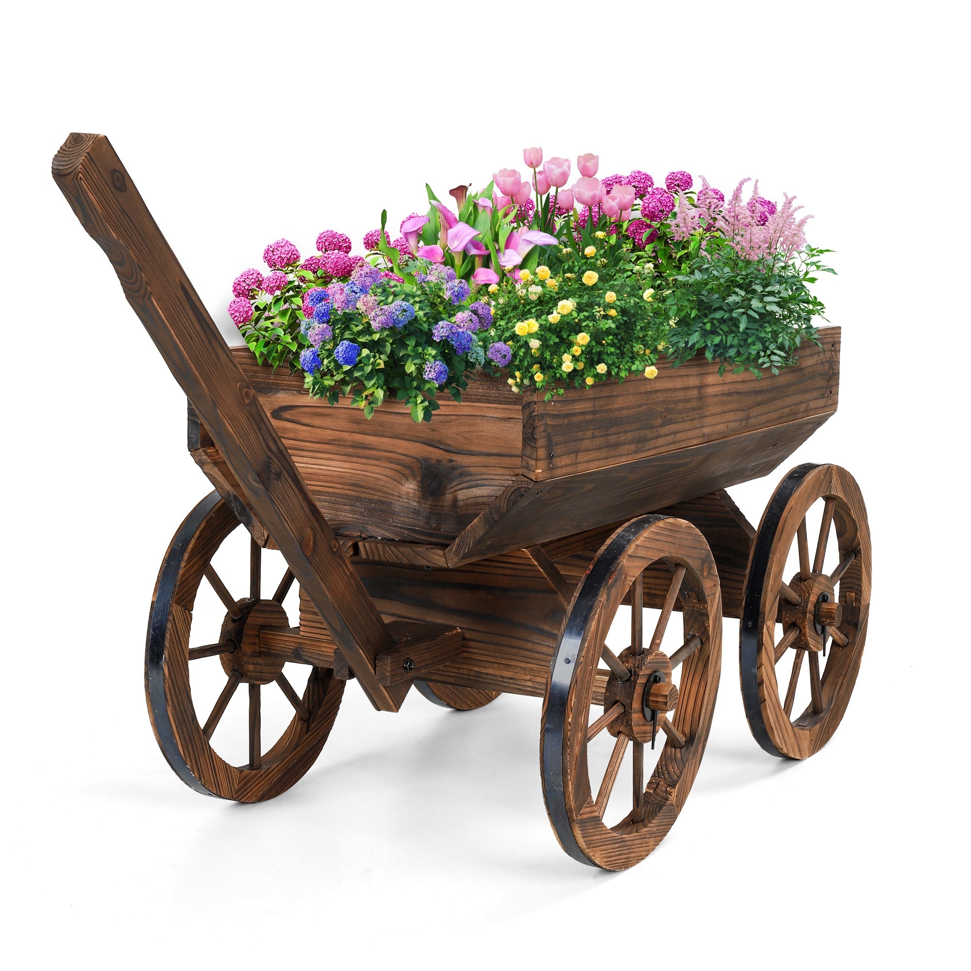 Wood Wagon Planter for Outdoor Balcony Decor - Garden Rustic Wooden Flower Cart with Wheels for Outside Garden Decor Wheelbarrow