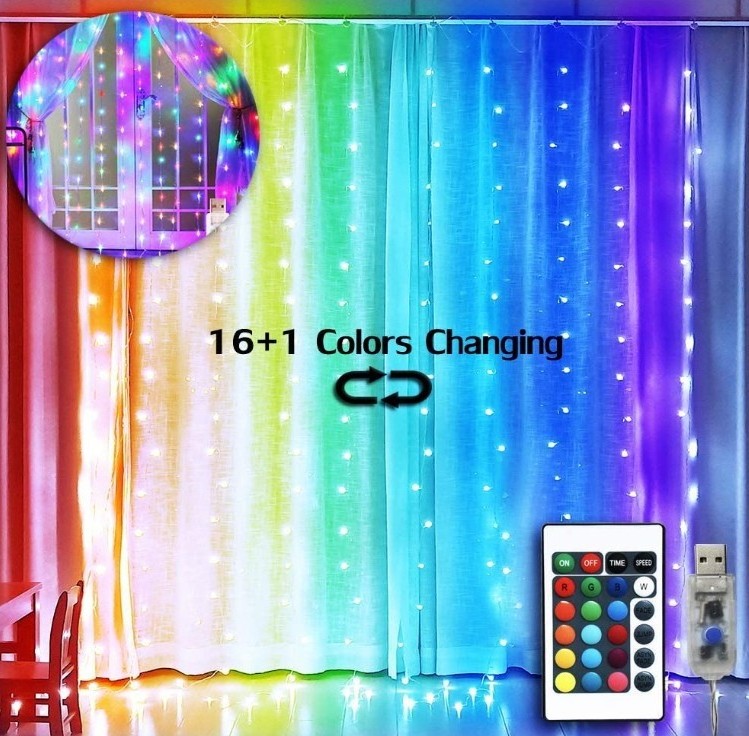 Upgraded 3*3M LED Curtain String Lights 16 Colors Changing USB Powered 8 Modes Twinkle Window Fairy Lights with Remote