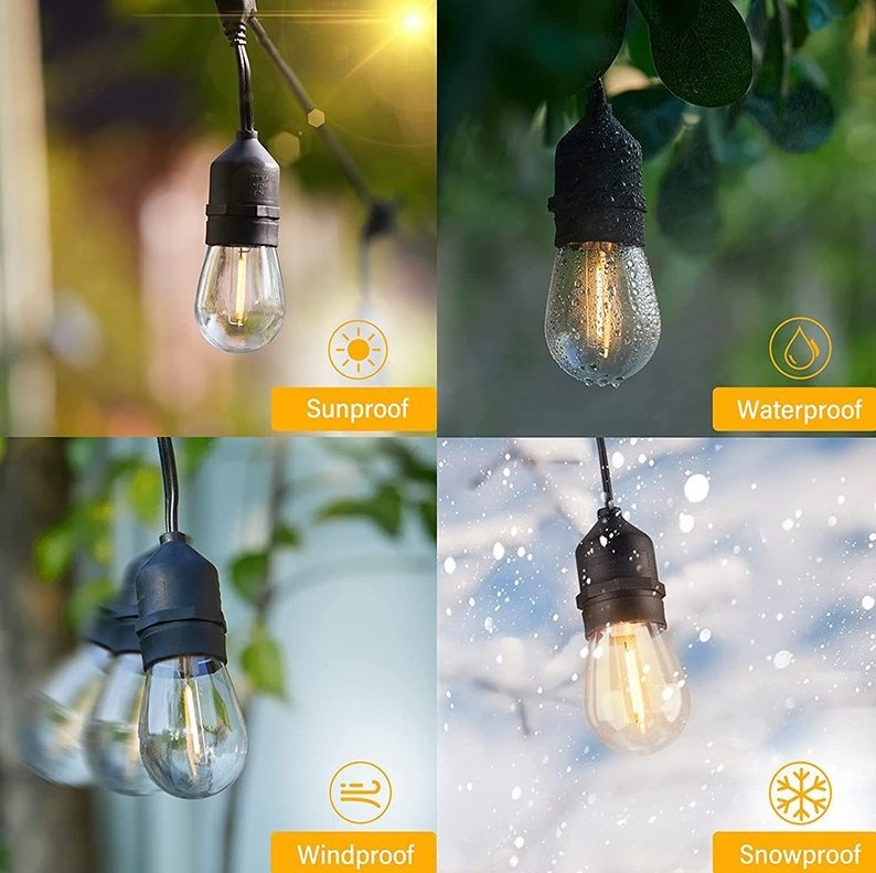 Outdoor Waterproof Edison S14 Patio String Light 10/20 Bulbs Waterproof IP65 Connectable Dimmable Patio Lights for Grade Camping