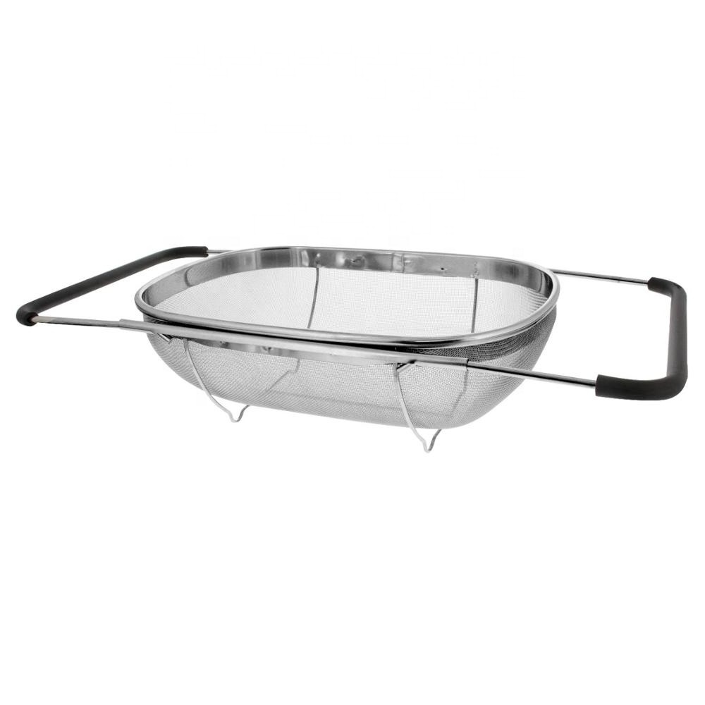 Stainless Steel  Extensible Mesh  kitchen drain basket Fruit Vegetable Colander Strainer with Collapsible Handle