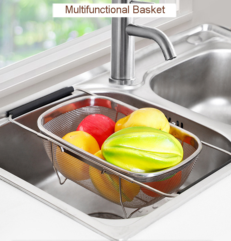 Stainless Steel  Extensible Mesh  kitchen drain basket Fruit Vegetable Colander Strainer with Collapsible Handle