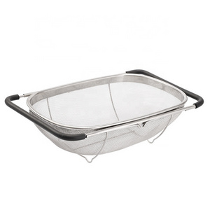 Stainless Steel  Extensible Mesh  kitchen drain basket Fruit Vegetable Colander Strainer with Collapsible Handle