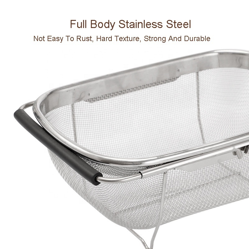 Stainless Steel  Extensible Mesh  kitchen drain basket Fruit Vegetable Colander Strainer with Collapsible Handle