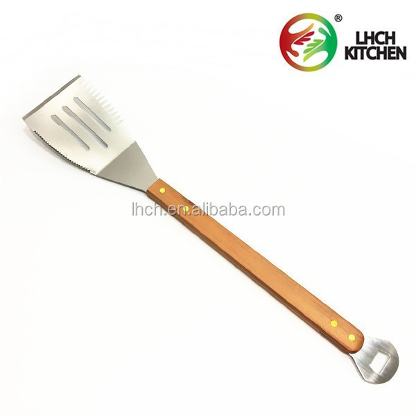 Stainless steel BBQ utensil tool perforated grill spatula with Bottle opener and wooden handle