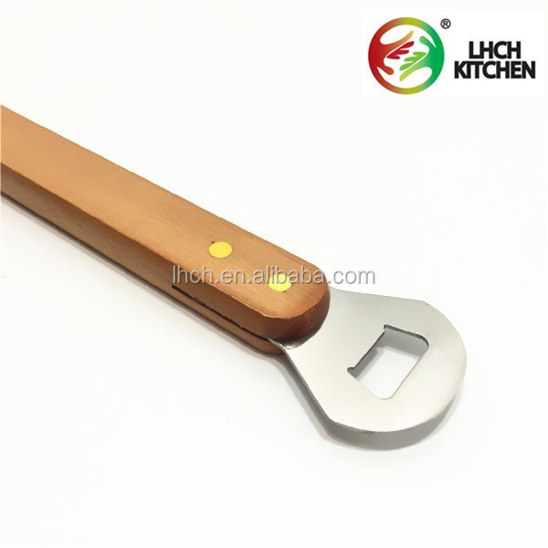 Stainless steel BBQ utensil tool perforated grill spatula with Bottle opener and wooden handle