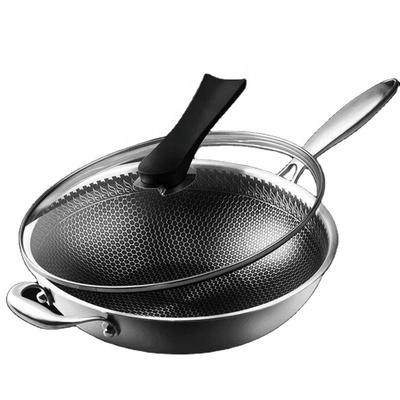 Stainless Steel Wok Pan With Full Honeycomb Nonstick Coating Triply Induction fry pan with glass upright lid cover